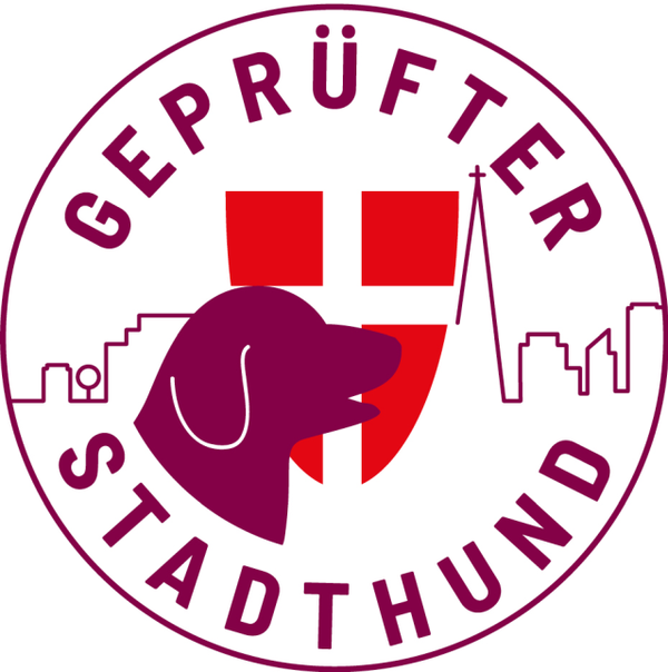 Vignette Geprüfter Stadthund mit Hund im Profil vor Stadtkulisse und Wien-Wappen